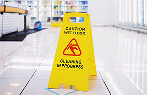 A Caution Wet Floor Sign in a grocery store